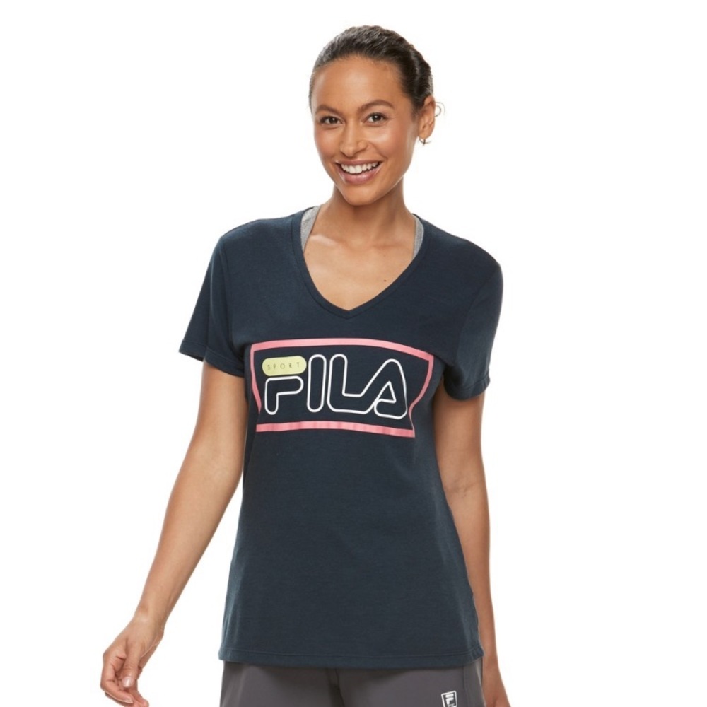 FILA Sport Blocked Navy Graphic Logo V-Neck Tee Shirt